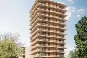  So soll er einmal ausschauen, der rund 45 m hohe Holz-Hybrid-Wohnturm in Pforzheim 