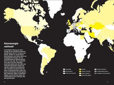  Kernenergie weltweit. Die gelb markierten Länder befinden sich im Einstieg, es ist ein Ausbau in Planung oder ein Ausbau hat bereits begonnen. Die grau markierten Länder haben einen Ausstiegt eingeleitet oder abgeschlossen.  