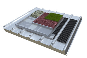  FischerTHERM Carrier D Green; Mock-up von einer Systemlösung für Dachbegrünung auf FischerTHERM Sandwich Dachelement. 