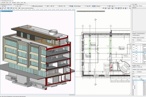  Das Team von asp Architekten hat das Projekt ab der Leistungsphase 2 komplett in Vectorworks geplant. Ab der Leistungsphase 3 wurde der Bestand in 3D aufgebaut und in der Leistungsphase 5 ist asp dann komplett in die 3D-Planung eingestiegen. Die Planerinnen und Planer generierten ihre Grundrisse, Schnitte und vieles mehr direkt aus dem 3D-Modell. Diese Pläne wurden dann intelligent beschriftet. Außerdem wurden Bauphasen mithilfe der Datenvisualisierung dargestellt und aus den Raumobjekten wurde die Flächenberechnung mittels Tabellen erstellt. Die Massen-ermittlung dient als Basis für die LV-Erstellung. Einige Komponenten, die in 3D modelliert sind, wurden zudem in das Modell hochgeladen, um sie zu kontrollieren. Auch ist das Modell für den IFC-Austausch vorbereitet, es wurden IFC-Daten der Tragwerks- und Haustechnikplanung in das Modell eingebunden sowie IFC-Daten den Fachplanern zur Verfügung gestellt 