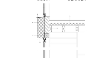  Fassadenschnitt Duplexgebäude, M 1 : 25	1	Zinkbrüstung, maßangefertigt		Fassadenfliesen	2	Wellfaserzementplatte(einschl. Photovoltaik-Befestigungselemente)		Unterdach (Célit4D oder Leinwand)		I-Träger, bzw Chevron 3,5/23		Wärmedämmung aus Glaswolle		Isover Dampfbremse		Gyproc-Finish	3	Endbeschichtung 20 mm		Technischer Estrich 80 mm		Schalldämmung 60 mm		OSB 22 mm		Balken 8 x 20	4	Abdichtung, Blech	5	Wellfaserzementplatte		Fassadenfliesen	6	Dampfbremse	7	Obere Abdichtung, Blech	8	Anschluss, bündig		Fassadenfliesen	9	Thermoholz 20 mm		Terrassendielen, bzw. Sockel EPDM (Resitrix)		Wärmedämmung (Recticel) 120 mm		OSB-Platte und Dampfsperre		Neigungsanpassung (1,5 cm/m)		OSB 22 mm		Balken 80 x 207 mm	10	Starre Isolierung	11	Endbeschichtung 20 mm		Technischer Estrich 80 mm		Schalldämmung 60 mm		OSB 22 mm		Balken 8 x 20 