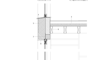  Fassadenschnitt Duplexgebäude, M 1 : 25	1	Zinkbrüstung, maßangefertigt		Fassadenfliesen	2	Wellfaserzementplatte(einschl. Photovoltaik-Befestigungselemente)		Unterdach (Célit4D oder Leinwand)		I-Träger, bzw Chevron 3,5/23		Wärmedämmung aus Glaswolle		Isover Dampfbremse		Gyproc-Finish	3	Endbeschichtung 20 mm		Technischer Estrich 80 mm		Schalldämmung 60 mm		OSB 22 mm		Balken 8 x 20	4	Abdichtung, Blech	5	Wellfaserzementplatte		Fassadenfliesen	6	Dampfbremse	7	Obere Abdichtung, Blech	8	Anschluss, bündig		Fassadenfliesen	9	Thermoholz 20 mm		Terrassendielen, bzw. Sockel EPDM (Resitrix)		Wärmedämmung (Recticel) 120 mm		OSB-Platte und Dampfsperre		Neigungsanpassung (1,5 cm/m)		OSB 22 mm		Balken 80 x 207 mm	10	Starre Isolierung	11	Endbeschichtung 20 mm		Technischer Estrich 80 mm		Schalldämmung 60 mm		OSB 22 mm		Balken 8 x 20 