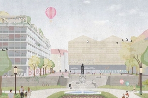  Blick auf den BetonBestandsriegel (links) und den Neubau „Forum“ (Mitte) im Hof 