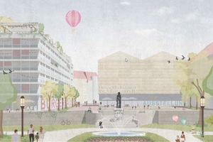  Blick auf den BetonBestandsriegel (links) und den Neubau „Forum“ (Mitte) im Hof 