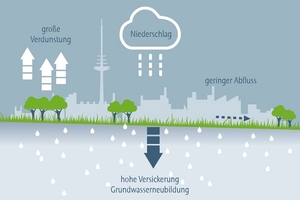  Darstellung eines naturnahen Wasserkreislaufs mit Stadtbäumen im urbanen Raum. 