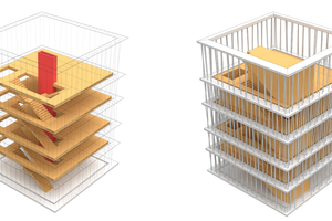  Schematische Darstellung des innenliegenden Holzbaus: Decken und Treppenläufe sowie die Darstellung der Gesamtkonstruktion ohne Dachabschluss 