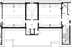  Dachgeschoss, ­­M 1 : 4001 Treppenhaus2 Flur3 Lernbereich4 Kartenraum5 Leseraum6 Ruheraum7 Vorbereitungsklasse8 Zugang/Aufzug9 Technik 