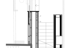  Detail, M 1 : 50 (Fuge Bestand/Neubau)	1	Außenwandaufbau:Täfer natur 2 cm, Lattung und Dämmung 4 cm, Dampfbremse, Holzfaserplatte 15 cm, Schalung 2,5 cm, Schindeln neu 3 cm	2	Stütze 120/180 C24	3	Innenwandaufbau treppenseits:Täfer weiß 2 cm, Lattung 3 cm, OSB, Stöße verklebt, Konstruktion mit Dämmung 12 cm, Schalung 2 cm 