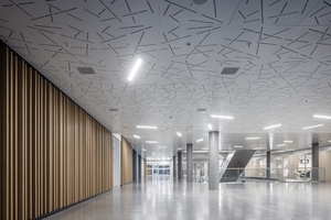  Holz-Wandverkleidungen mit Lamellenstruktur in den Fluren und in Hörsälen tragen ebenfalls für eine einladende Umgebung und optimierte Akustik bei. 