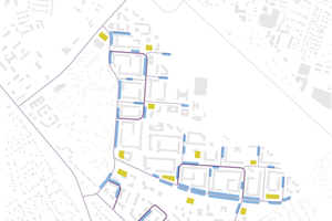  Gut zu erkennen: die Parkflächen (blau) im öffentlichen Raum und wie sie sich zum Quartiersinneren ausdünnen. Die „Mobility Hubs“ (gelb) sind meistens an den „Verkehrsloops“ (dunkellila) angeordnet 
