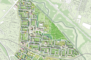  Übersichtsplan mit den farbig dargestellten An- und Neubauten, sowie in den roten Rahmen die planerischen Vertiefungen der „Langen Linie“, des Schilfhof und des Markus-Zeller-Platz 