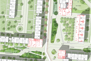  Grundriss „Lange Linie“ mit Neuplanungen in rot, o. M. 