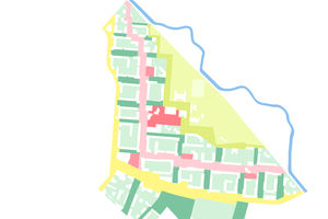  In gelb die Haupterschließungsstraßen, in rosa der Quartierskorridor und in grün die Promenade zum Nuthewäldchen. Dazwischen in dunkelgrün die Nachbarschaftsbänder sowie in rot die Quartiersplätze und der zentrale Markt 