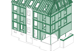  Holzbaumodell Mehrparteienhaus. Grün = Holz, weiß = Beton 