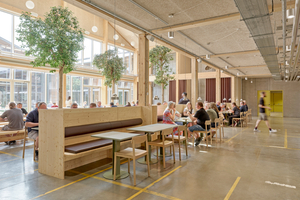  Die Kantine im Zentrum des Komplexes bringt die unterschiedlichen Gewerke zusammen. Die neue Fensterfassade gibt den Blick auf den begrünten Hof frei und bringt Licht bis tief ins Gebäude 