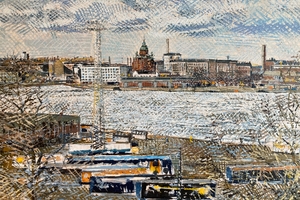  Stora Enso verfügt neben einer Kollektion von Möbeln und Designobjekten auch über eine Kunstsammlung. Hier ein Bild von Erkki Luhtala (1929 – 2011) aus dem Jahr 1986 mit der Ansicht des Hafens mit dem „Zuckerwürfel“ von Alvar Aalto, aber noch ohne das ­Katajanokan Laituri 