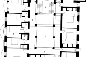 Altbau Art Nouveau, 3. OG, M 1 : 250	1	offene Treppe	2	gebäudehoher Luftraum	3	Standardzimmer	4	viergeschossiges Atrium	5	Rundgänge
