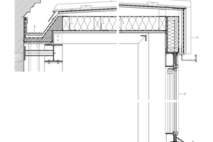  Detailschnitt Dach Westhof, M 1 : 20	1	Dachfläche im PultdachbereichKupferdeckung 0,7 mm mit Doppelstehfalzen, strukturierte Trennlage / BFU-Platte 27 mm / Hinterlüftung, Sparren im Gefälle (8/ 60–10 cm), Unterdeckbahn,Sd-Wert &lt;= 0,15m / Mineralwolle A1 035, 200 mm, Aufrippung KVH, e=625 mm, Dampfbremse, Sd-Wert &gt;= 20 m / Furnierschichtholz Fichte 27 mm, 		Sichtoberfläche	2	Wandaufbau von außen nach innenKupferdeckung 0,7 mm mit Doppelstehfalzen, strukturierte Trennlagezementgebundene Spannplatte A2 25 mmHinterlüftung mit Lattung 40/60 40 mmUnterdeckbahn, Sd-Wert &lt;= 0,15 mMineralwolle A1, 035, 60 mm, Aufrippung Konstruktionsvollholz 6/6Mineralwolle A1, 035 100 mm, Aufrippung Konstruktionsvollholz 6/10, ­ e = 1/2 Leistenabstand, Dampfbremse, Sd-Wert &gt;= 20 mGipsfaserplatte A2 15 mmFunierschichtholz Fichte 15 mm,		Sichtoberfläche	3	Pfosten-Riegel-Fassade als Stahl-AufsatzkonstruktionPfosten/Riegel aus zusammengesetzten Schweißprofilen 60 x 120 mm	4	Dampfbremse, Sd-Wert &gt;= 20 m / Kupferdeckung / Trennlage auf Dämmplatte		40 mm  / Abdichtung / Mörtelbett zur Herstellung einer planen Ebene	5	Kupferinne (L= ca. 22 m) trogförmig und konisch zulaufend, von 10/31/14 zu 		19/24/26, beheizt, auf Holzschalung / ausgeklebte Sicherheitsrinne 