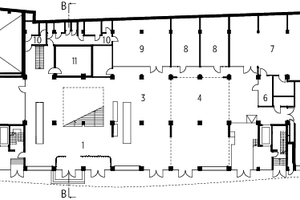  Grundriss EG, M 1 : 750	1	Foyer	2	Ausstellung	3	Café	4	Auditorium	5	Galerie	6	Werkstattbüro	7	Holz- und Metallwerkstatt	8	Kunstatelier	9	Tanzstudio	10	Sanitär	11	AV-Raum 
