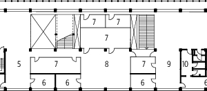  Grundriss 2. OG, M 1 : 750	1	Großraumbüroflächen	2	Projekträume	3	Massage	4	Mitarbeitendenraum	5	Flex-Area	6	Studio	7	Meeting-Raum	8	Pausenraum	9	Teeküche	10	Sanitär 
