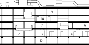  Schnitt AA, M 1 : 750	1	Ausstellung	2	Foyer	3	Café	4	Auditorium	5	Galerie	6	Digitalwerkstatt	7	Bibliothek	8	Kantine	9	Großraumbüroflächen	10	Meeting-Räume	11	Projekträume	12	Parken 