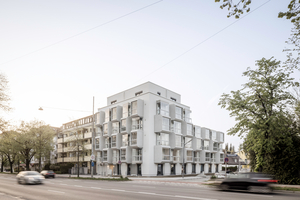  Direkt am verkehrsreichen Mittleren Ring gelegen, galt es, Wohnraum mit Außenraumbezug zu realisieren, wozu vorgehängte, verglaste Balkonloggien eingesetzt wurden, die sich flexibel öffnen und schließen lassen 