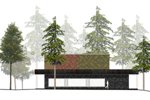  Beispielhafte Fassadenansicht, deren abwechslungsreiches Erscheinungsbild sich aus der Verwendung von Plastikschindeln aus recycelten Plastikfensterprofilen ergibt 