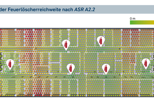  Abbildung 4: Distanzfeld zur Prüfung der Löschmittelreichweite. Für jede Position im Gebäude wird die Entfernung zum nächstgelegenen Feuerlöscher berechnet; farbliche Abstufungen markieren den Abstand gemäß ASR A2.2 