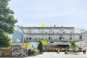  Blick auf den gut 100 m langen, zweigeschossigen Riegelbau über Halle k6 