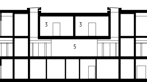  Schnitt A-A, M 1 : 500	1	Laubengang	2	Labor	3	Messlabor	4	Büro	5	Forum 