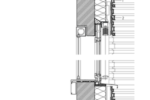  Fassadendetail, M 1 : 251. KeramikplattenQuerformat, stranggepresstOberfläche: champagner, glasiertPlattenmaße in 3 Typen (L x B):a: 600-1 400 mm x 170mmb: 600-1 400 mm x 190 mmc: 600-1 400 mm x 210 mmPlatten in den Runden L = 500mm2. Keramikplatten-Halter 