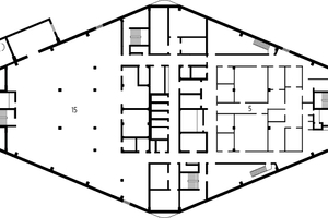  Grundriss UG, M 1 : 750	a	Kommunikation „Piazza“	b	Kommuikation „Forum“	c	Kommunikation „Salone“	d	Kommunikation „La Terrazza“	1	Atrium	2	Cafeteria	3	Seminar, Konferenz	4	Meeting	5	Labor (LAB A1, B1)	6	Bürofläche	7	Teeküche	8	Lounge	9	Creativity LAB	10	Abluftzentrale	11	Dachterrasse	12	Logistik	13	Werkstatt	14	Spülküche	15	Technikzentrale 