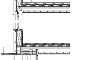  Fassadenschnitt, M 1 : 50	1	Dachaufbau: Eternitschindeln 10 mm, Lattung 30 mm, Hinterlüftungsebene 100 mm, Unterdachbahn 5 mm, Holzfaserdämmung 60 mm, Sparren, dazw. Dämmung 220 mm, Dreischichtplatte 24 mm	2	Wandaufbau: Wandtäfer Massivholz 20 mm, Gipskarton 12,5 mm, OSB-Platte 13 mm, CW Profil, dazw. Dämmung 50 mm, Dreischichtplatte 19 mm, KVH, dazw. Glaswolle 280 mm, Holzfaserdämmung 16 mm, Winddichtpapier, Lattung Hinterlüftung 80 mm, Konterlattung 60 mm, Fassadenschirm Massivholz 30 mm	3	Bodenaufbau OG: Lehmkasein/Massivholzdiele 20 mm, Heizestrich 80 mm, Trennlage PE-Folie, Trittschalldämmung 30 mm, Splitt elastisch gebunden 110 mm, Rieselschutz 280 mm, Dreischichtplatte 19 mm, Massivholzdecke 260 mm, Deckenabhängung 60 mm, Konterlattung, dazw. Akustikdämmung 40 mm, Akustikflies, Deckentäfer 20 mm	4	Bodenaufbau EG: Lehmkasein/Kokos 20 mm, Heizestrich/Betonboden geschliffen 80 mm, Trenn­lage Dampfbremse, Trittschalldämmung 20 mm, Trennlage PE-Folie, Schüttdämmstoff Perlite 80 mm, Stahlbetondecke 250 mm, Deckenabhängung 510 mm, Konterlattung, dazw. Akustikdämmung 40 mm, Akustikflies, Deckentäfer 20 mm	5	Bodenaufbau UG: Massivholzdiele 20 mm, Heizestrich/Betonboden geschliffen 80mm, Trennlage Dampfbremse, Trittschalldämmung 20mm, Schüttdämmstoff Perlite 75mm, Abdichtung Bitumen 5 mm, WU-Beton 250 mm, XPS-Dämmung 140 mm 