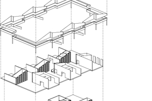  Axonometrie, o. M. Dach:Trapezblech lackiert,Oberlichter für Mittelzone,Solar/PhotovoltaikFassade:Trapezblech lackiert (teilweise perforiert),im Laubengang als kalte Konstruktion,Geschossebenen:Holzsystembau, vorfabriziert auf MassivdeckeGartenanschluss:parallel zum Haus (überdachter Bereich),Anschluss zum Laubengang 