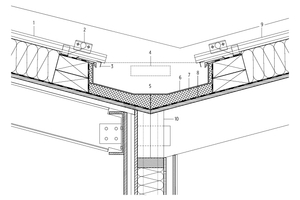  Detail, M 1 : 15	1	Dachaufbau50 mm Stehfalz-Profiltafel200 mm Wärmedämmung (WLG 040)5 mm Bitumendachbahn nach DIN 5212825 mm OSB-Platte30 mm Distanzholz (Ausgleichsschicht)260 mm Stahlträger U 260	2	Schneefang	3	Traufwinkel	4	Notüberlauf	5	Rinne, mind. 0,5 Grad Gefälle, begehbar	6	Rinnenblech mit angekantetem Rinneneinlaufblech, Dachrinnenheizung	7	Wärmedämmung WLG 023, druckfest	8	Sicherheitsrinne, ausgeklebt	9	Dachaufbau50 mm Stehfalz-Profiltafel200 mm Wärmedämmung (WLG 035)5 mm Bitumendachbahn nach DIN 5212822 mm OSB-Platte280 mm offene Holzbalkendecke GL 28c, e = 625 mmdazwischen Akustikpanel	10	Zink-Fallrohr DN 80 