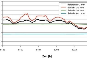  Bild 6: Berechnete Holzfeuchte für den Versuchsstand [2] in der untersten Schicht der Dachschalung (mit Strahlungseinfluss) sowie Referenzfeuchte (vgl. Bild 4) [3] 