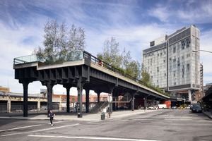  Die High Line, hier ein Blick von der Gansevoort Street zum The Standard Hotel. Links wird Renzo Piano Workshop einen Museumsneubau errichten 