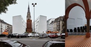  v. l.: Westansicht Kirchwand und Riegelfassade, Lage im Viertel, denkmalgeschützte Empore mit Blick in den Neubau, Ostansicht: Turm mit Eingang 