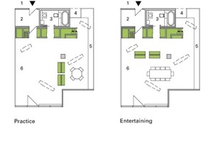  	1	Korridor	2	Diele	3	Bad	4	Service	5	Küche	6	Studio 