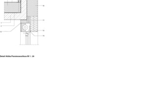  Dach	1	20 cm Stahlbetondecke	2	Dampfsperre, Bitumen-		bahn mit Alueinlage 	3	Gefälledämmung 30 cm, 			PS WLG 035	4	KunststoffbahnAttika	5	Verbundblechwinkel	6	Wärmedämmung 6 cm, 			WLG 035	7	Holzbohle, verstärkt mit 			Rückverankerung	8	Dachrandabschlussprofil	9	InsektenschutzWandaufbau		120 cm Stahlbeton	10	WDVS WLG 040 30cm, 			Dämmputz 15 bis 20 mm	11	Mineralwolledämmung 			20 cm, Brandschutz	12	Rolladenkasten	13	Eckschutzschiene	14	dauerelastisches Kompri-		band 