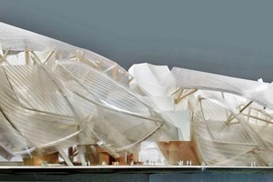  oben Modell: Gehry Partners LLPBlick auf die Nordfassadeunten: Das ausgeführte Gebäude- Blick bei Nacht 