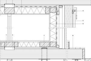  	1	Edelstahlauflager, Gleitschiene	2	Kunststoff- Gleitschiene	3	Dachaufbau:		Ökologische Dichtbahn		Massivholz Bauteil		Ökologische Dichtbahn		OSB- Platte / Dreischichtplatte		Holzbalken mit Holzfaserdämmung		Dreischichtplatte	4	Schiene mit Kunststoffrolle für Schiebetür	5	Glastüranträger mit Gegenscheibe		und Zopflöcher	6	Wandaufbau:		Dreischichtplatte		Rähm und Schwelle mit Holzfaserdämmung		OSB- Platte/Dreischichtplatte		Unterkonstruktion für Weidenfassade		Weidenfassade mit Zinkabdeckung		Luftschicht		Massivholz Bauteil	7	Edelstahlplatte, Gleitschiene	8	Eiche-/Lärchedielung, flexibel	9	Stahlrohr/Konsole mit Ohren 