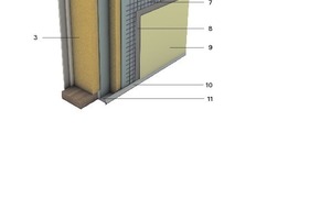  Wandaufbau der nichttragenden Außenwand: neue Holzständerwand mit außenseitig WDVS	1	Beplankung	2	Holzständerwerk	3	Gefachdämmung	4	Klebemörtel	5	Dämmung	6	Armierungsmörtel	7	Gewebe	8	Grundierung	9	Oberputz	10	Sockelabschlussprofil	11	Aufsteckprofil 