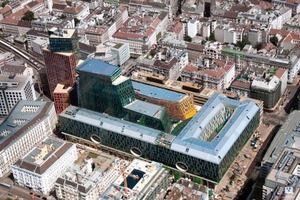  Das Innenleben der neuen Mitte Wien, Luftaufnahme des Komplexes und Eckgebäude Marxer- / Gigergasse 