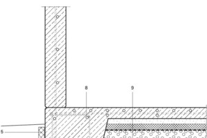  	1	Dachaufbau:		Dachpappe		Dämmung		SIPS- Platte		Gipskartonverbundplatte	2	Sichtbetonwand	3	Isolierbauplatte	4	Z- Metallrahmen	5	Dämmung	6	PVC- Abflussrohr in Kies und Filtergewebe	7	Magerbeton	8	Bewehrung	9	Fußbodenaufbau:		Stahlbetonplatte		Sand		Dampfsperre		Dämmung		Schottersteine mit Drainageöffnung 