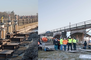  Die Belastung wird durch vier Hydraulikzylinder erzeugt, die halbseitig auf dem Bogen angeordnet sind. Die Zylinder sind über Zugstangen 18 m tief im Boden unter der Brücke verankert 