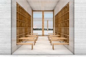  Die Tische und Bänke der Gruppenräume bilden sich aus dem in der Wand eingefassten Regal. Die großen Falttüren aus Holz lassen sich bei Bedarf öffnen, sodass zwei Klassenzimmer miteinander verbunden werden können 