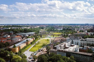  Das Gebäude (zu sehen in der Mitte am rechten Bildrand in der Verlängerung der denkmalsgeschützten Hochbahntrassse) liegt direkt am rd. 26 ha großen, 2013 fertiggestellten Park am Gleisdreieck 