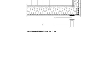  Legende&nbsp;1&nbsp;&nbsp; Zementfaserplatten, 8 mm2&nbsp;&nbsp; Trockenestrichelemente mit Fußbodenheizung, 25 mm3&nbsp;&nbsp; OSB-Platte, 22 mm4&nbsp;&nbsp; KHV-Bodenelement mit Holzfaserdämmung, diffusionsoffene Schalungsbahn, 200 mm5&nbsp;&nbsp; Duripaneel-Plate, 12 mm6&nbsp;&nbsp; Stahlträger HEB-1407&nbsp;&nbsp; Stahlträger HEB-100&nbsp; 