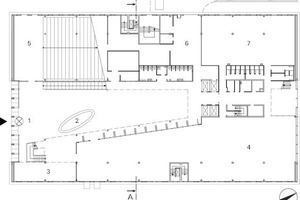  Grundriss EG, M 1:750
1 Eingangshalle2 Information3 Restaurant4 Ausstellungen5 Auditorium6 Versand7 Fahrradparkhaus8 Parkebene9 Büros10 Cafe-Terrasse 